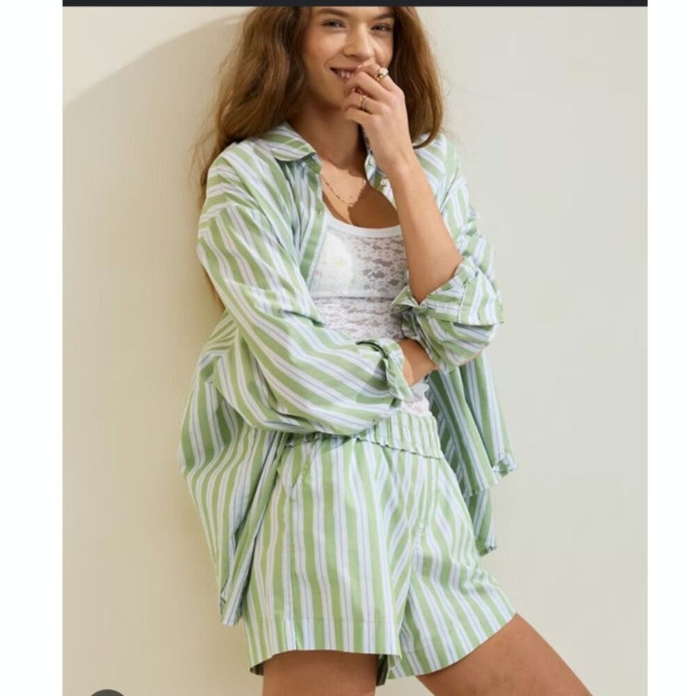 Aerie Good Day Button Down Shirt and Short set Size Large Green Blue